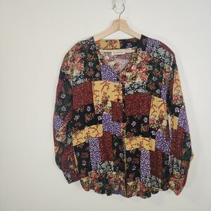 Vintage 90s Patchwork Floral Button Down Rayon Top w/Shoulder Pads 18W/38